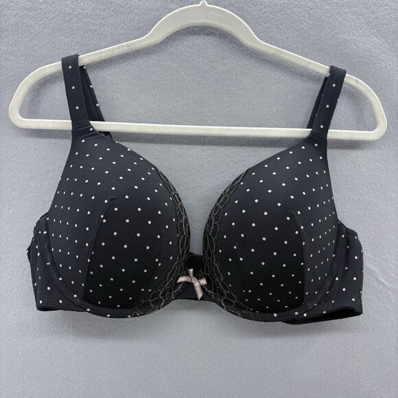 Cacique Lane Bryant Black Polka Dot Smooth Satin Boost Plunge Bra w/ Lace SZ 42C - Picture 1 of 6